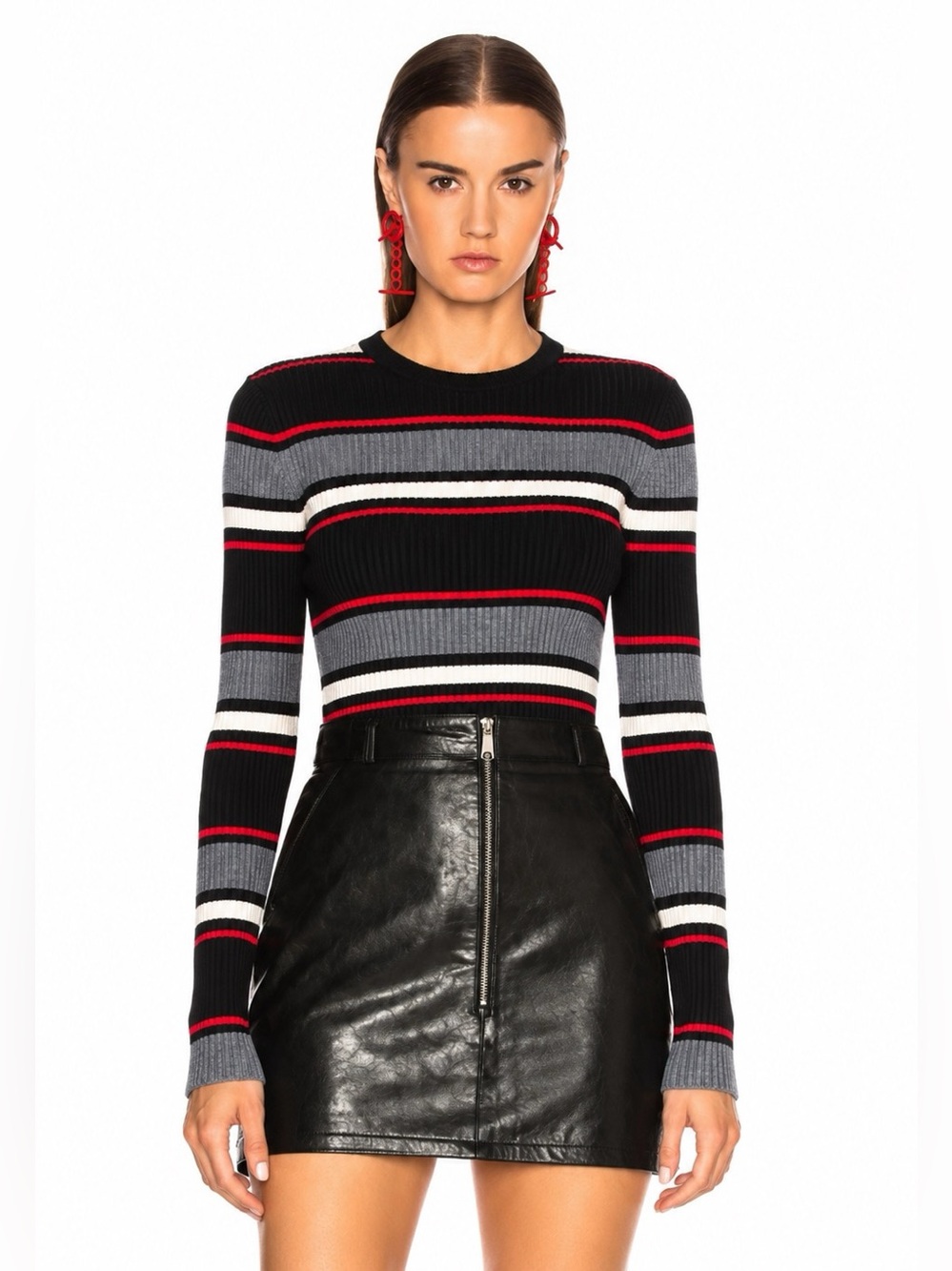 FRAME Merino Wool Blend Ribbed Striped Crewneck Sweater Black Red Women Size S